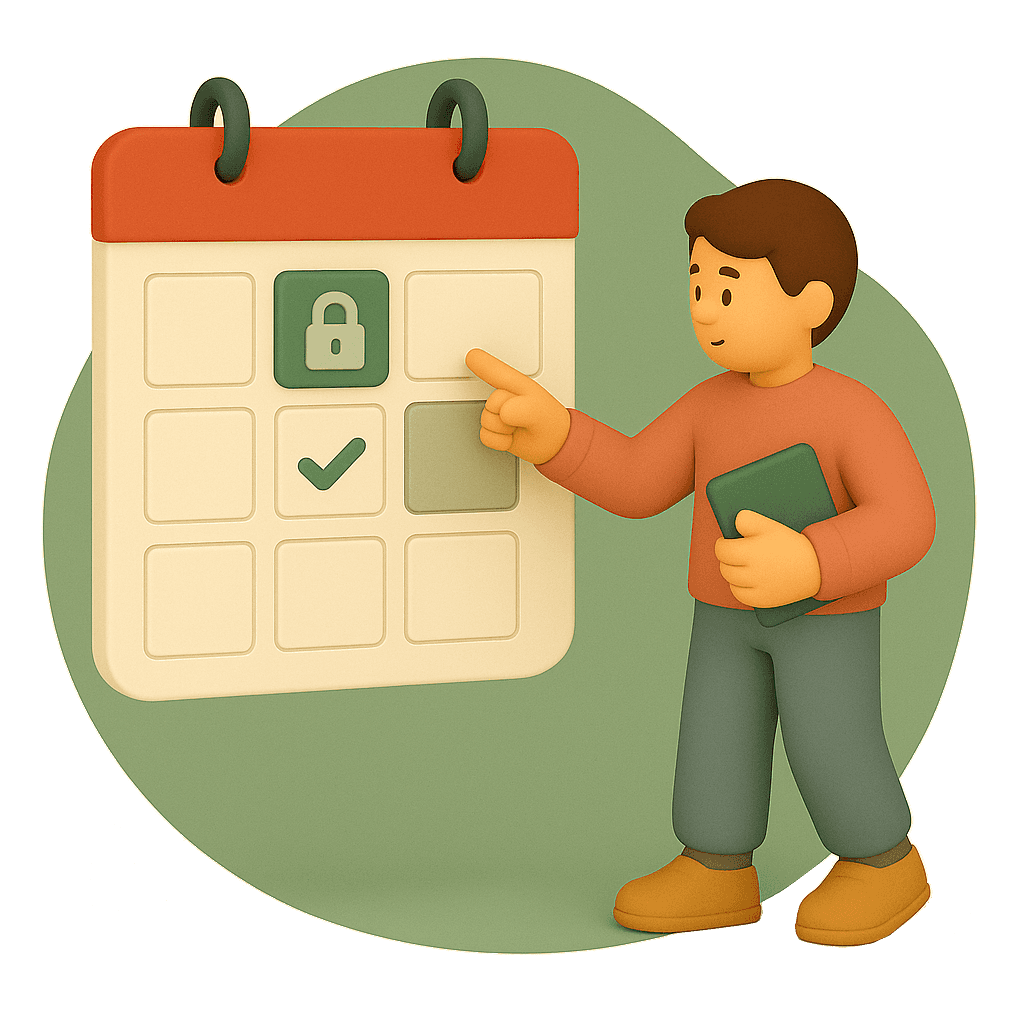A young man points at a large calendar displaying a padlock and a checkmark, symbolising protected time slots.