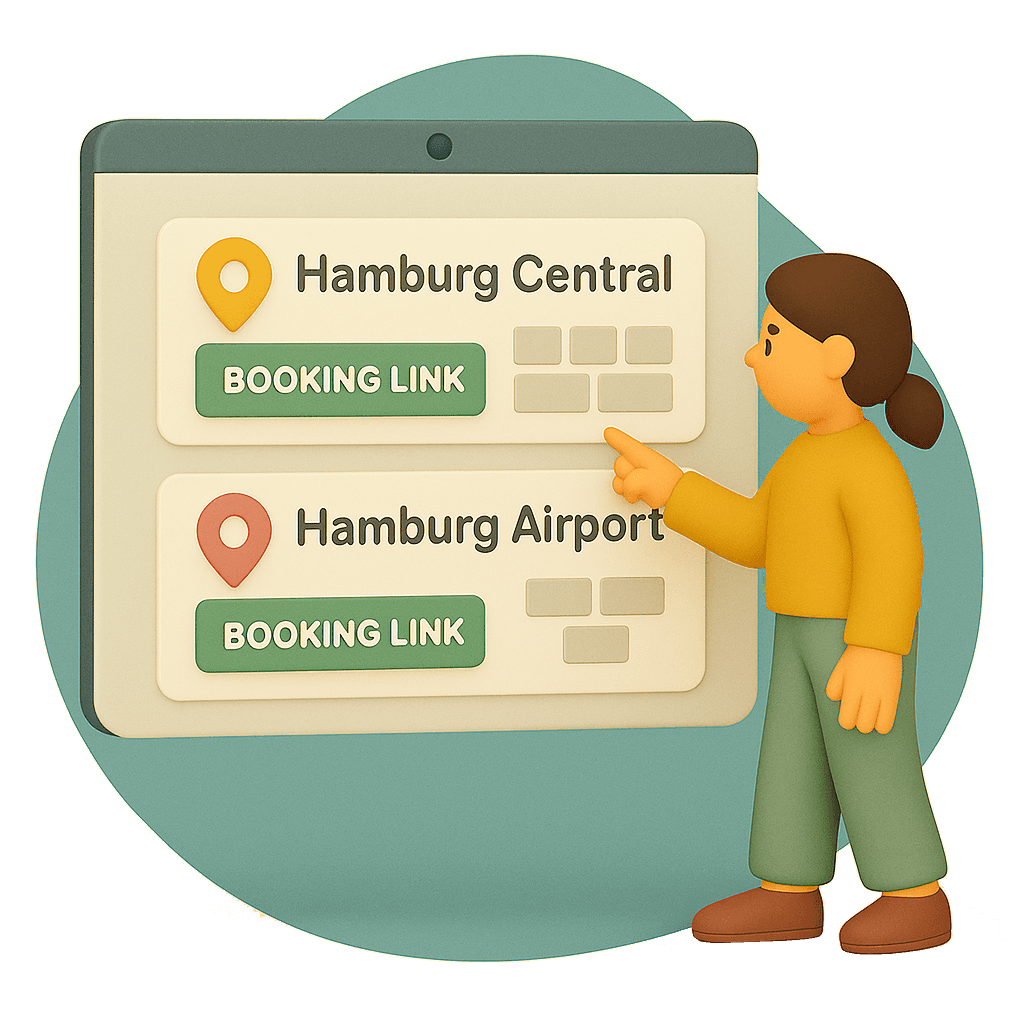 A woman points at a screen showing booking options for 