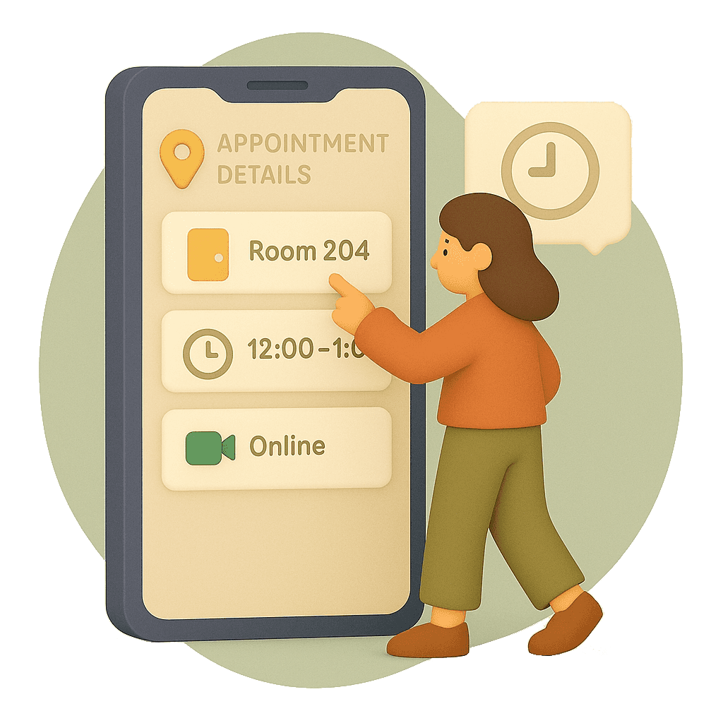 A woman points at a smartphone screen displaying appointment details like 