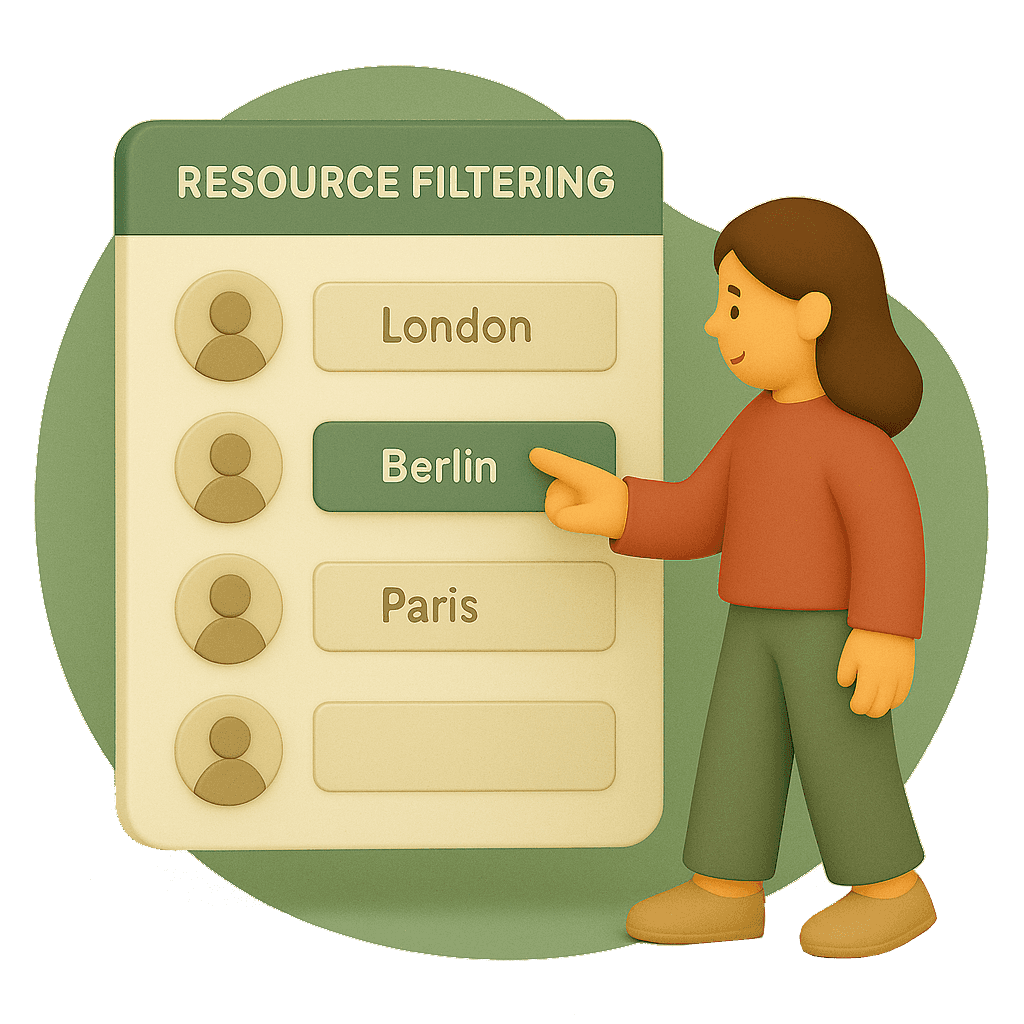 A woman points at “Berlin” on a digital resource filtering panel, illustrating consultant assignment across multiple client locations.