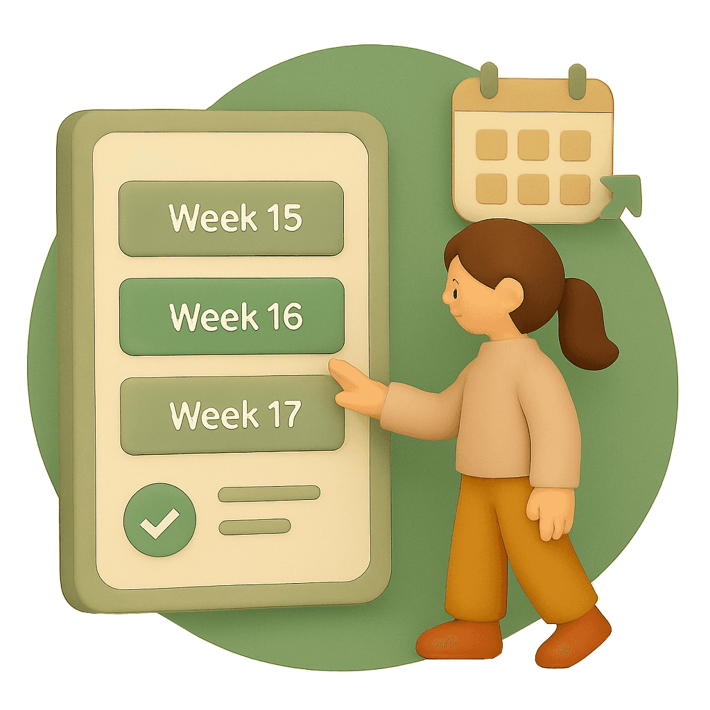 A woman selects “Week 16” from a three-week schedule, showing flexible multi-week booking.