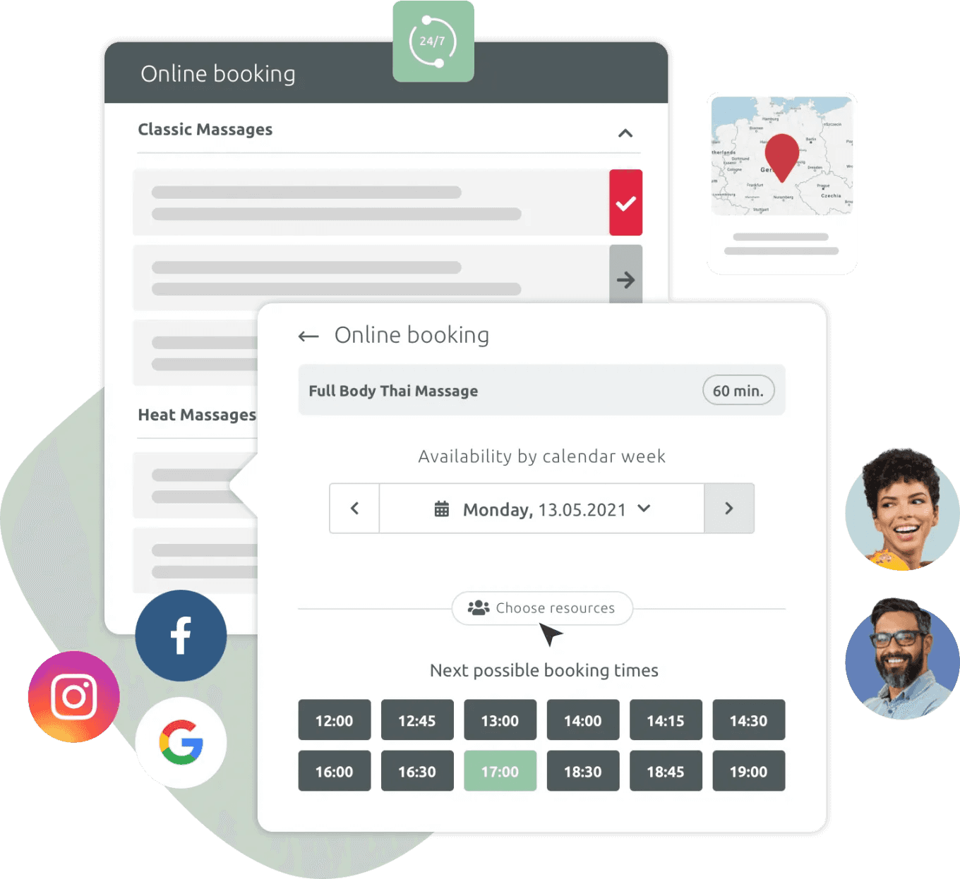 booking widget, a location and facebook. instagram and google icons