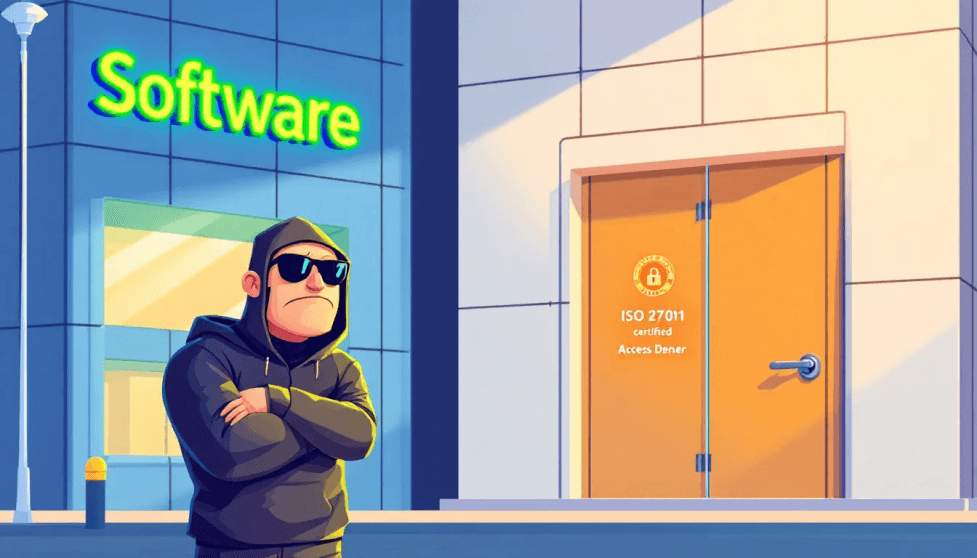 A security guard standing in front of a software building