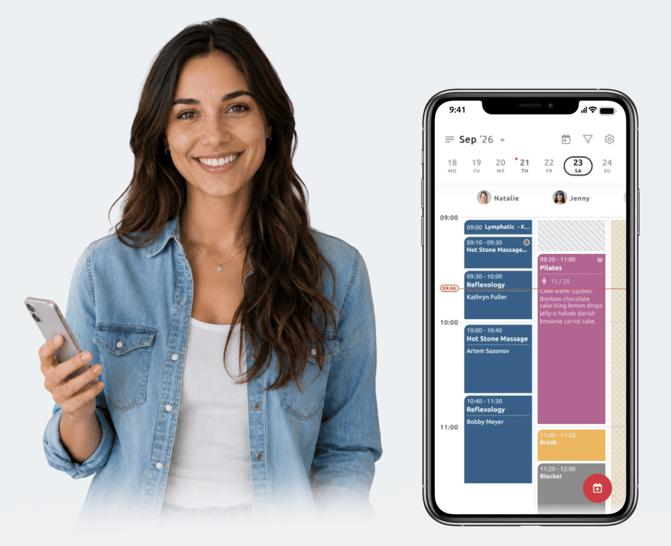 woman holding mobile phone with timify app