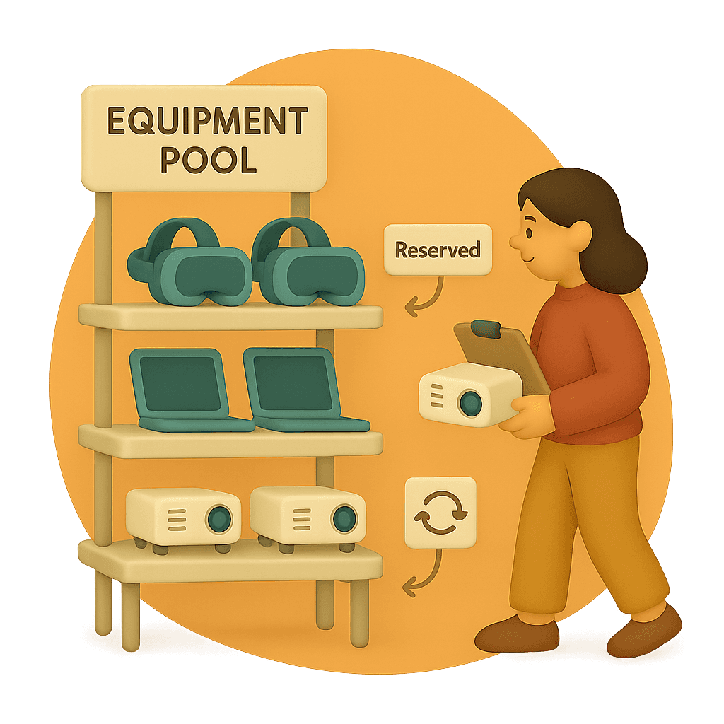 Illustration of equipment pool with projectors, VR headsets, and laptops being reserved and managed.