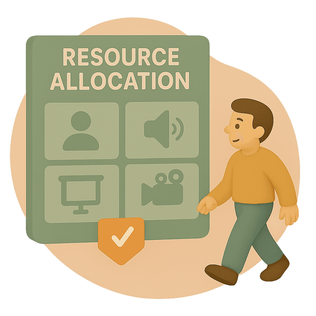 Illustration of resource allocation with icons for people, audio, video, and equipment.