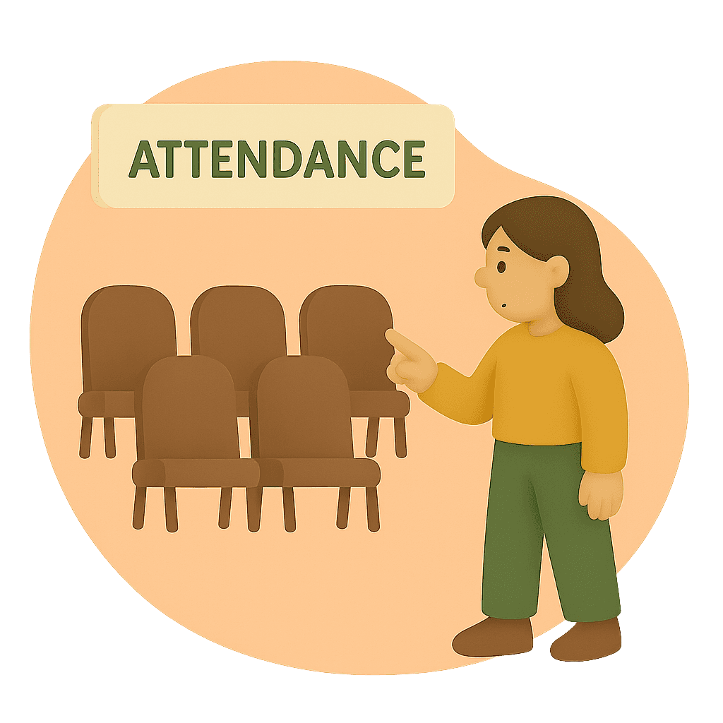 Illustration of a person checking event attendance with empty chairs.