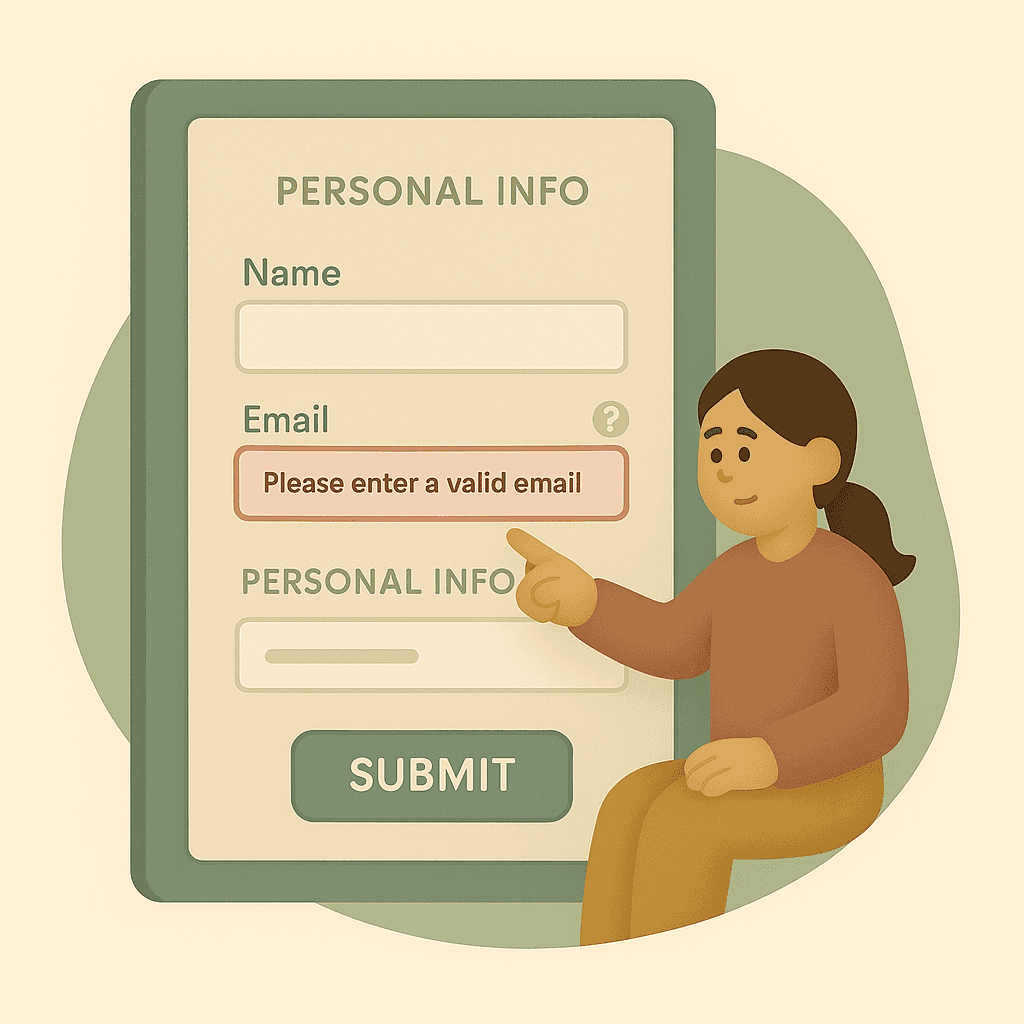 A flat-style digital illustration of a young woman pointing at an error message on a digital form. The form includes labeled fields for Name and Email with a red warning reading “Please enter a valid email.” A green button appears below, and a