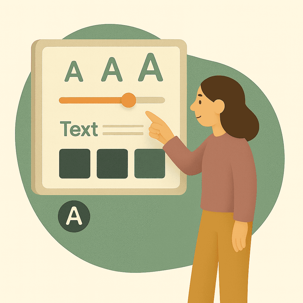 a woman interacts with a screen with different font sizes that can be adjusted and different color schemes that can be adjusted