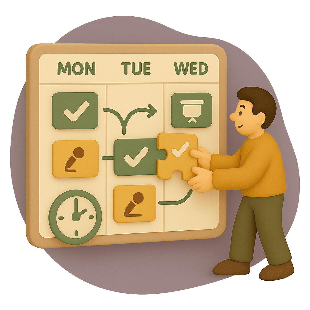 Illustration of a person organising a multi-day event schedule with sessions and resources.