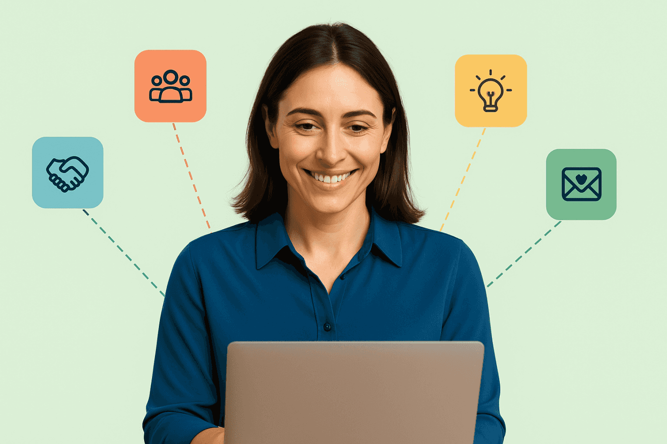 a smiling woman using a laptop, booking an appointment