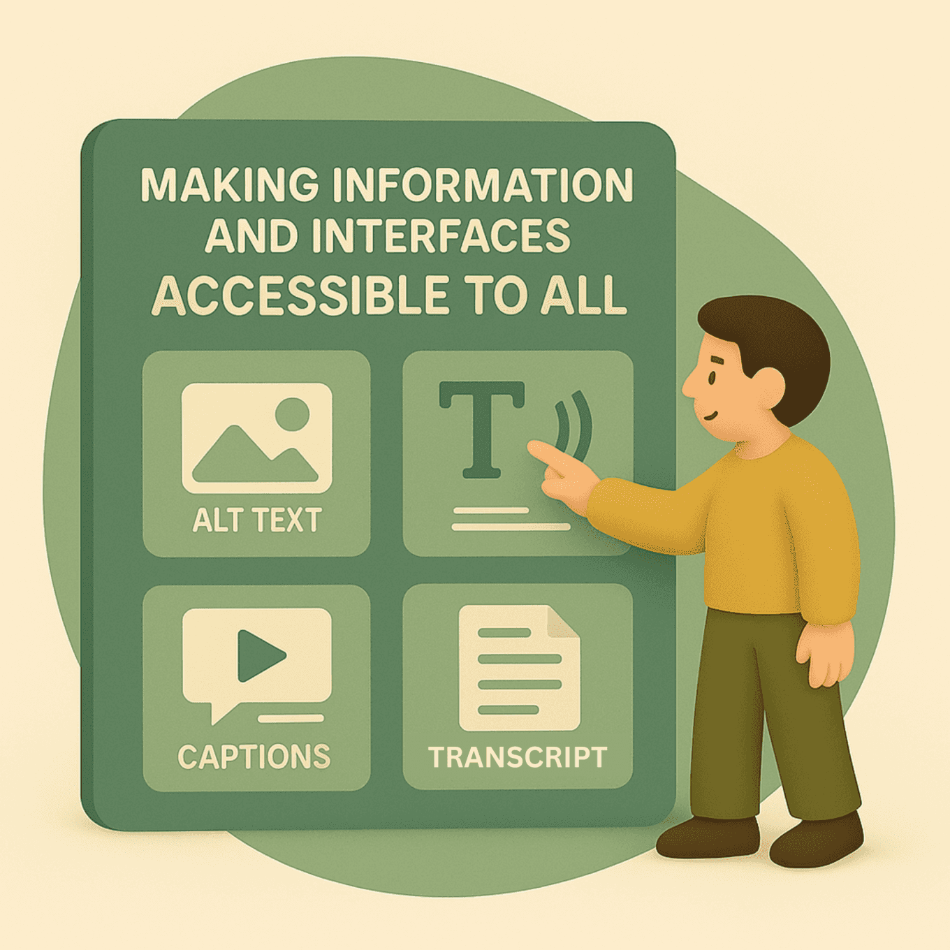 A young man interacts with a large screen showing icons for alt text, scalable text, captions, and transcripts, representing accessibility of content and media.