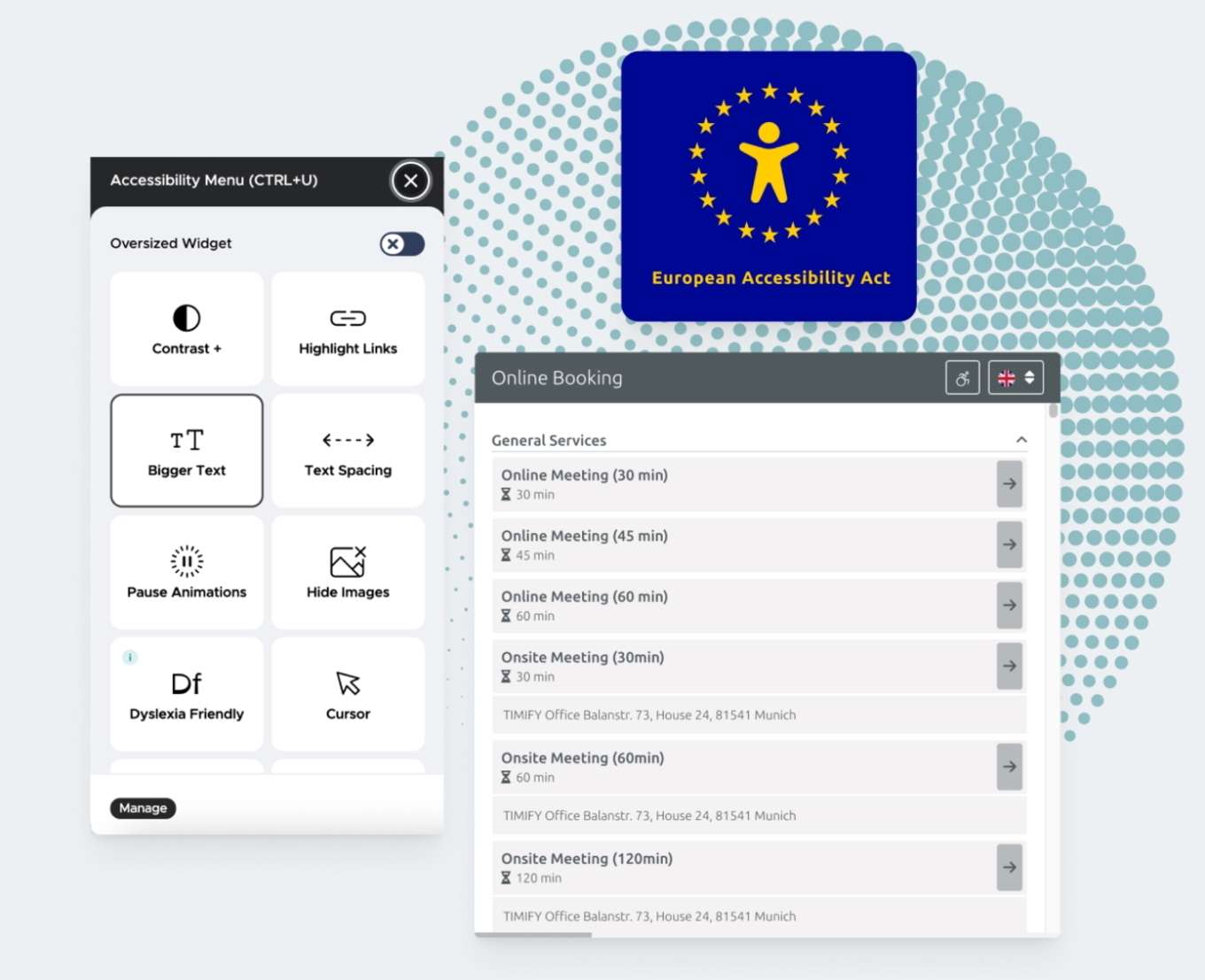 A timify booking widget and a EAA accessibility menu