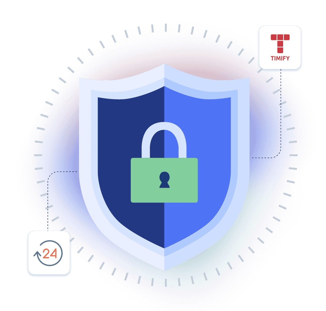 lock on a shield, with timify logo and 24 hour icon