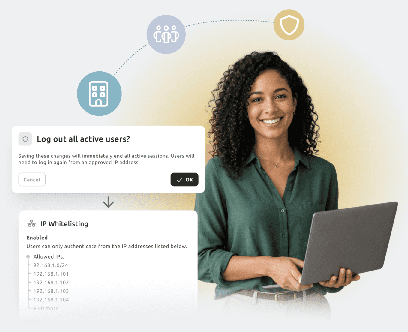 woman with laptop next to ip whitelisting settings