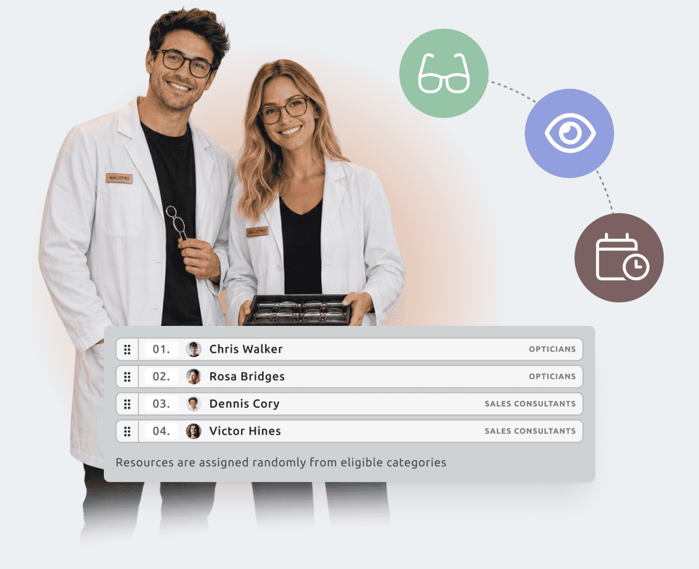 a male and a female optician standing next to each other. Some icons are floating around them and a timify screenshot