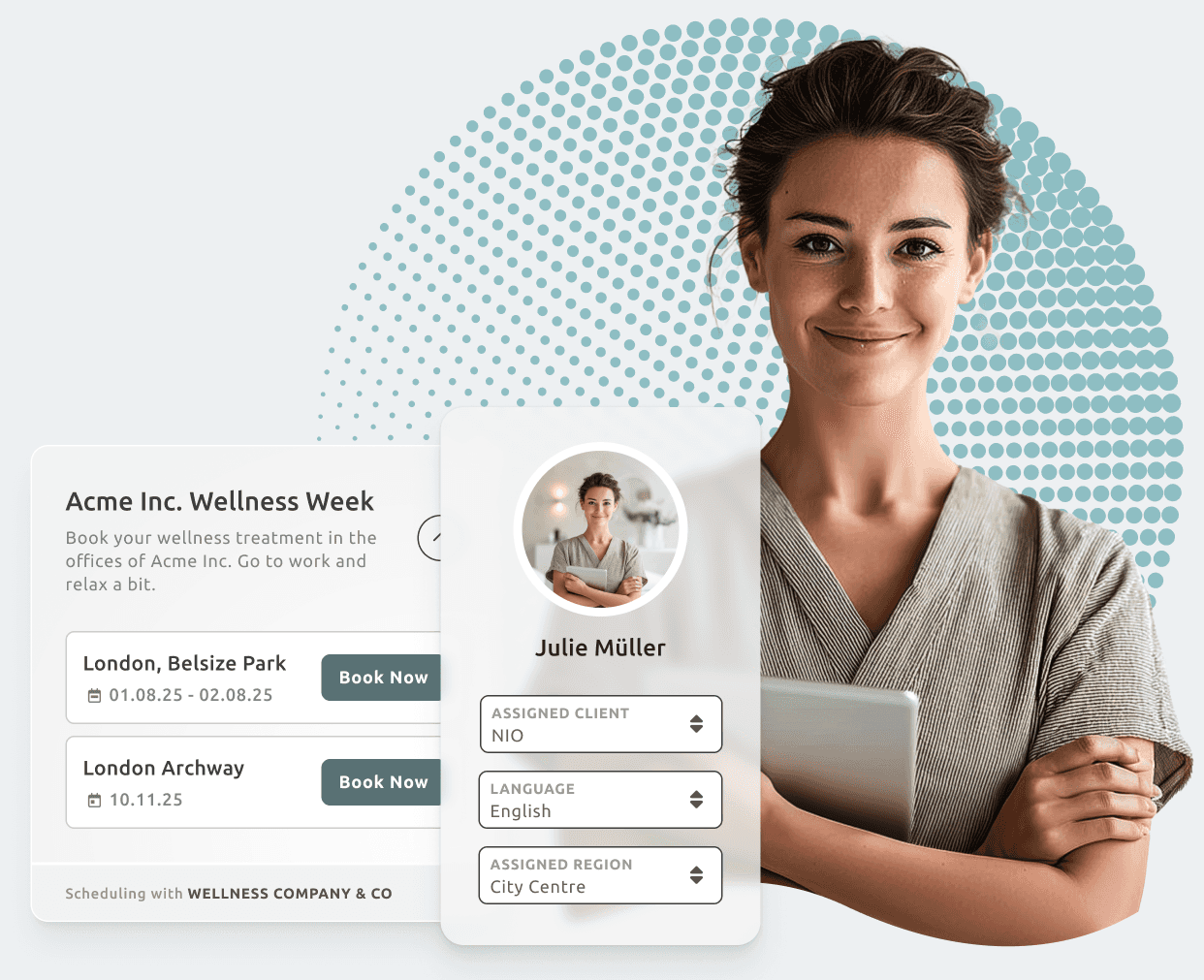 Selbstbewusste Wellness-Therapeutin neben einer Buchungsoberfläche für betriebliche Gesundheitstermine – mit sichtbaren Angaben zu zugewiesenem Kunden und Einsatzregion.