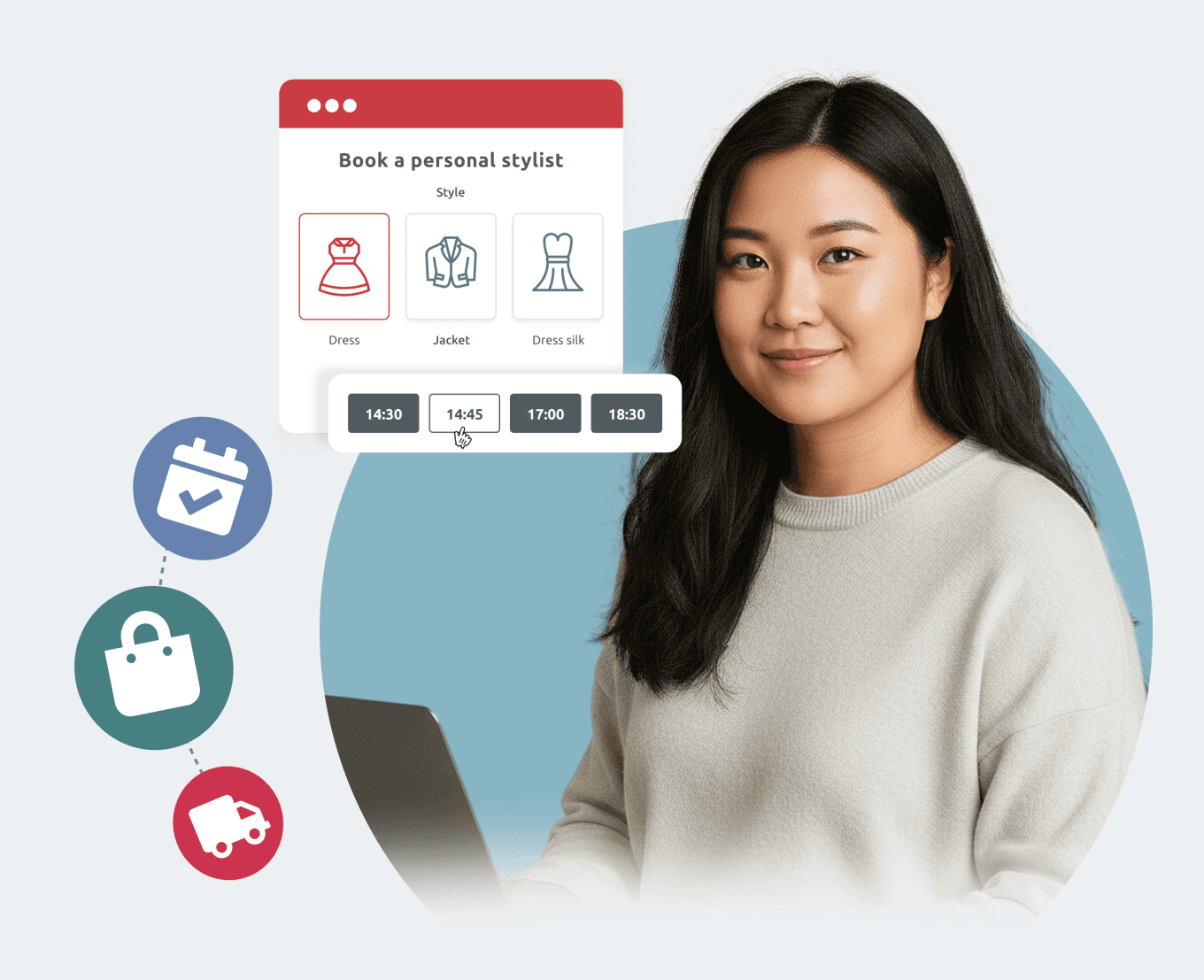 a woman smiling while working on a laptop. Besides her is a booking widget for a fashion retailer