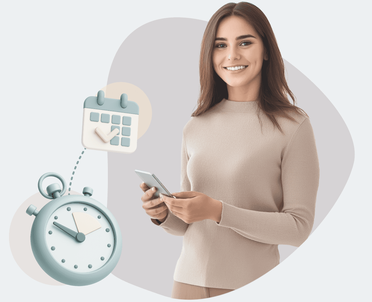 Eine lächelnde Frau in einem beigen Pullover hält ein Smartphone, daneben schweben ein 3D-Stoppuhr- und ein Kalendersymbol. Die Stoppuhr und der Kalender sind durch eine gepunktete Linie verbunden, die Zeitmanagement und Terminplanung symbolisie