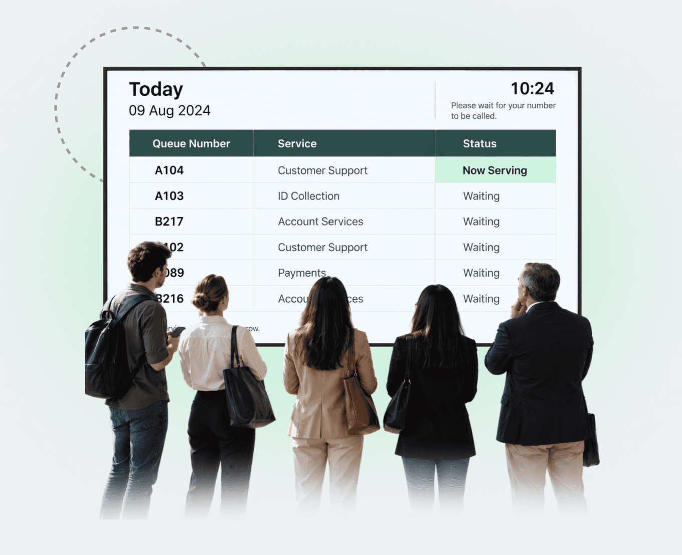 five people standing in front of a big screen, displaying a virtual queue