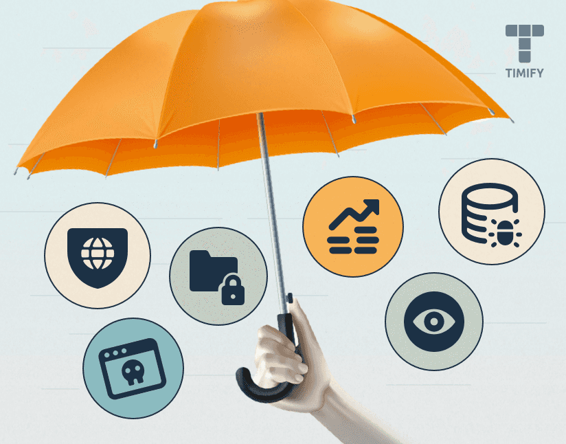 an umbrella representing protection and some corporate icons around it