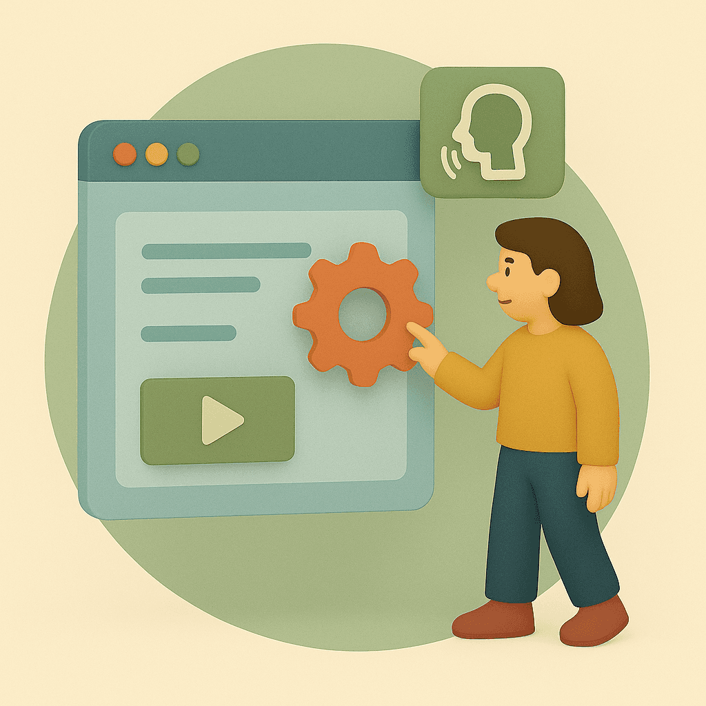 A young man points at a settings gear on a web interface with a screen reader icon, symbolizing compatibility with assistive technologies and robust platform design.