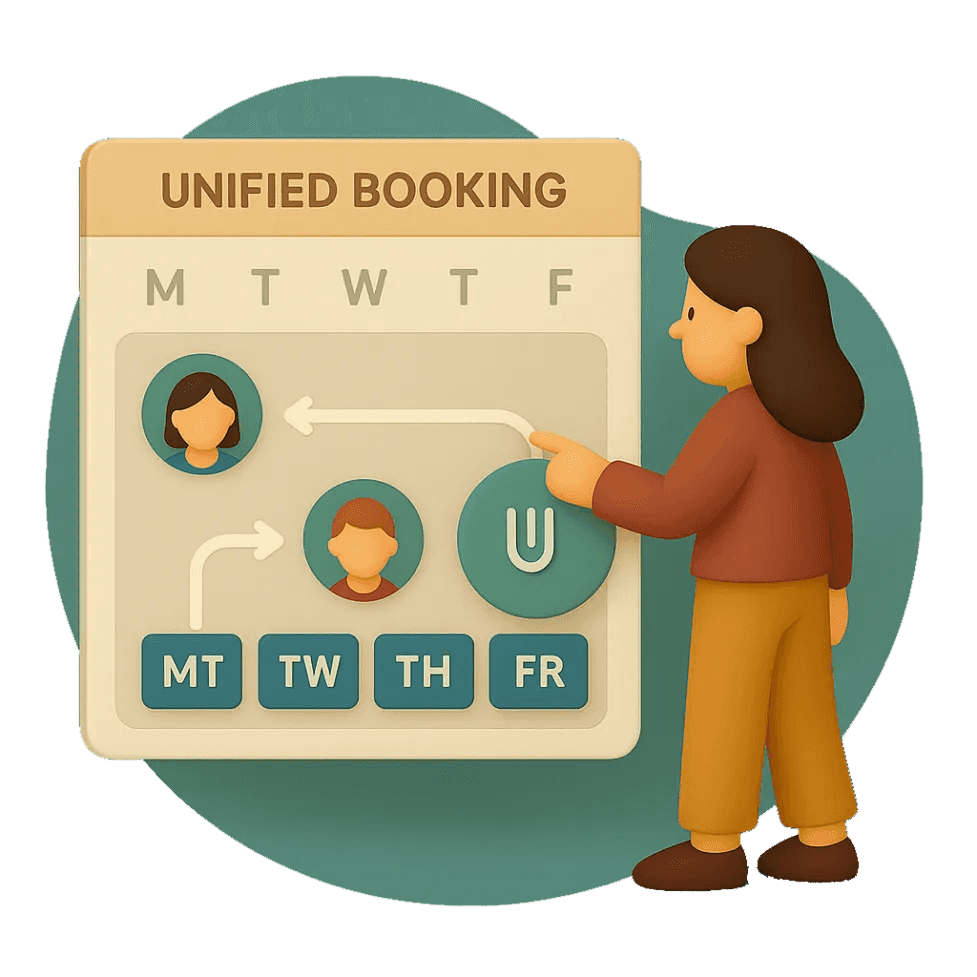 A woman points at a unified booking screen showing multiple therapists and dates, illustrating smart coordination of therapist availability across the week.