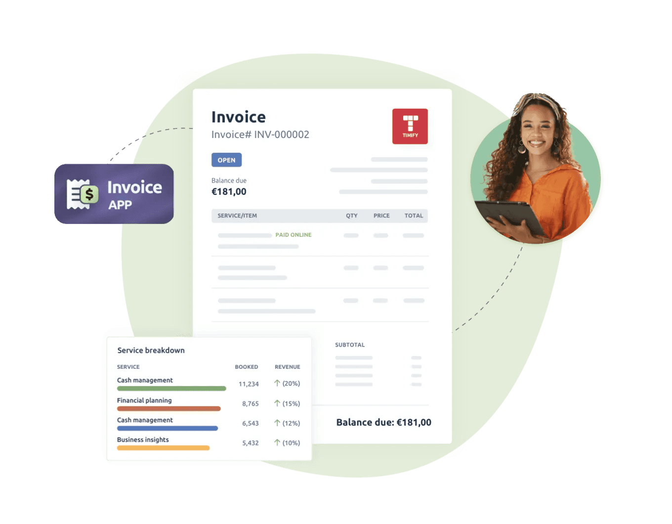 an invoice with a timify red logo on the top, the invoice app logo and a woman on the top right corner