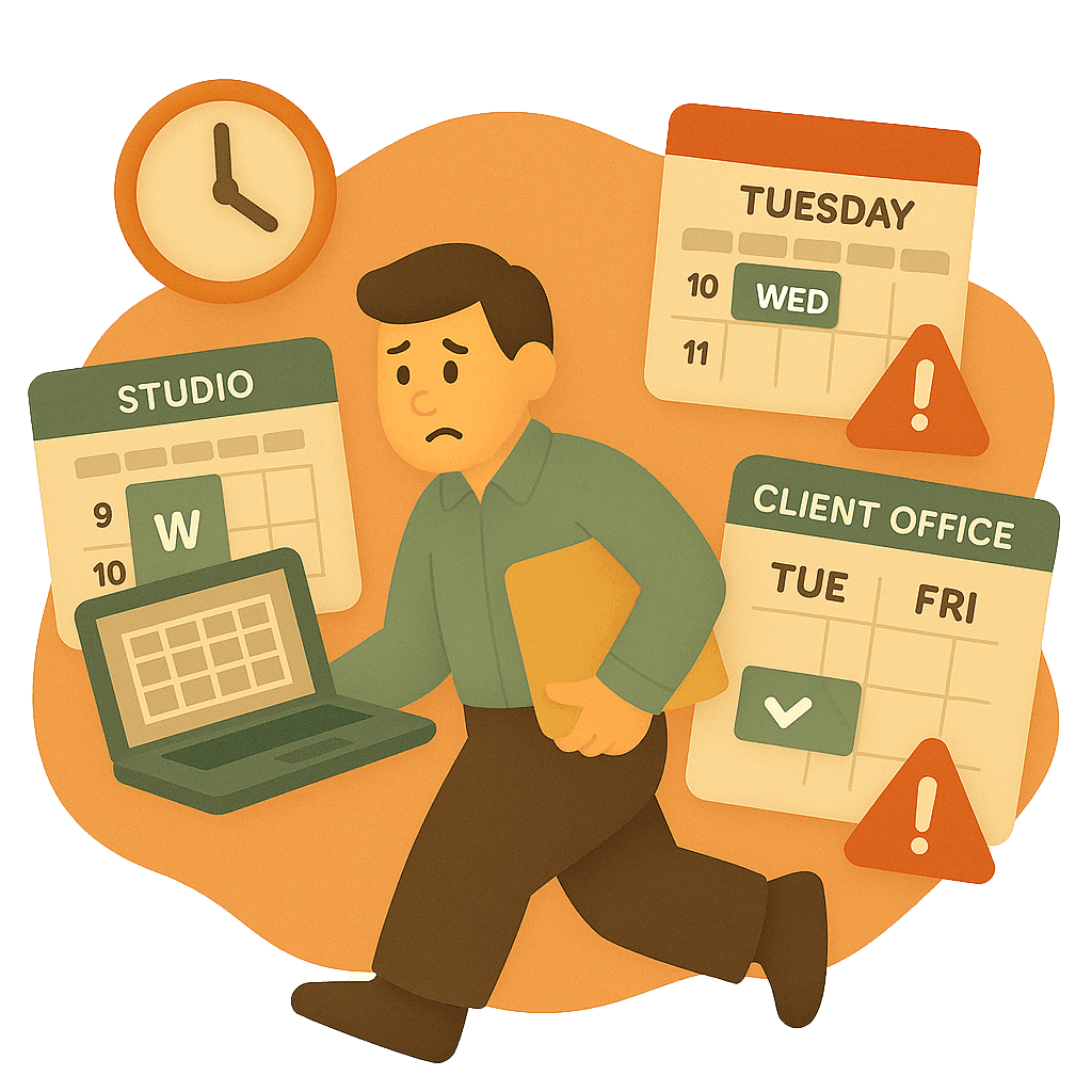 Illustration of a stressed man holding a laptop and folder, surrounded by conflicting calendars labeled “Studio,” “Client Office,” and “Tuesday.” Warning icons highlight scheduling conflicts. A wall clock shows time pas