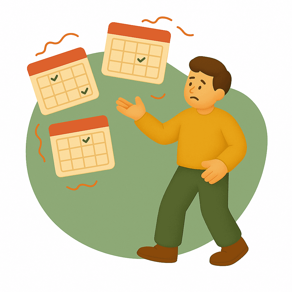 Illustration of a confused man standing in front of three floating calendar icons with green checkmarks. The calendars appear to be vibrating or shaking, symbolizing overlapping or uncertain schedules. The man looks puzzled, with one hand raised in frustr