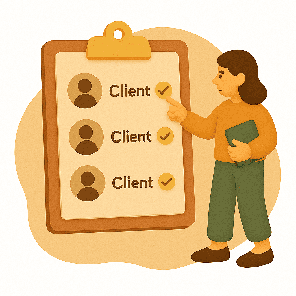 Illustration of a woman holding a folder and pointing at a large clipboard with a client list. The scene represents organizing or assigning staff members to specific clients.