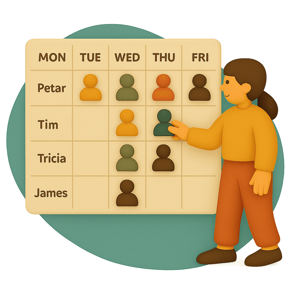 Illustration of a woman pointing at a weekly staff scheduling board showing employee availability. The grid displays names (Petar, Tim, Tricia, James) on the left and weekdays across the top, with coloured icons indicating assigned workdays. The image con