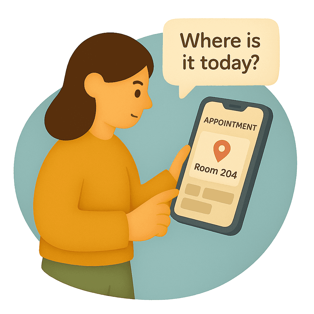 Illustration of a woman checking her phone, which displays appointment details with a location pin and the text “Room 204.” A speech bubble above her asks, “Where is it today?” The image represents clients needing clarity on the lo