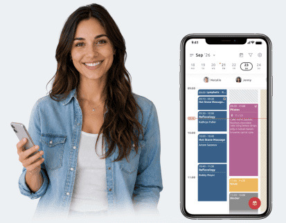 woman holding phone with timify calendar