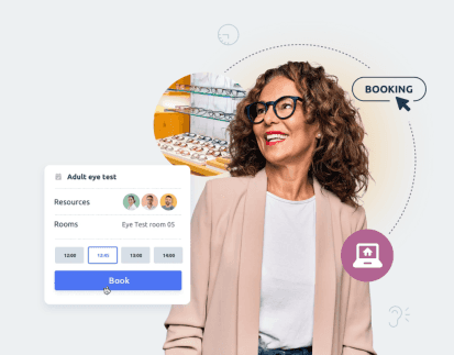 a woman laughing surrounded by flying bubbles. One is a optician store photo, the others are a booking button and a laptop icon