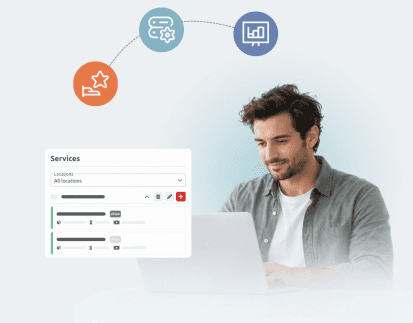 a man sitting infront of a laptop with a timify screenshot in the front, showing local and global services in timtify