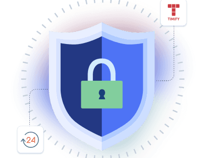 lock on a shield, with timify logo and 24 hour icon