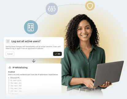 woman with laptop next to ip whitelisting setting