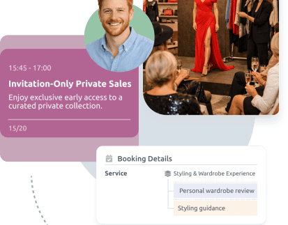 Fashion membership private sales event with model presenting new collection, invitation-only booking card and styling appointment interface.