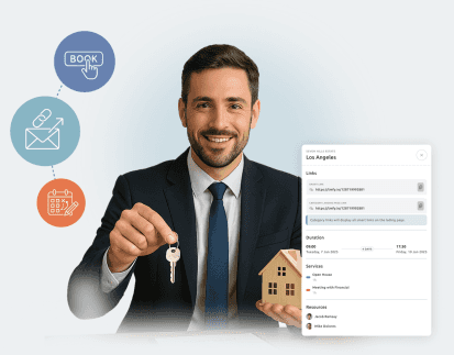 A broker holding keys and a small house next to the Smart Links app interface