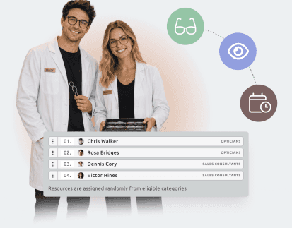 a male and a female optician standing next to each other. Some icons are floating around them and a timify screenshot
