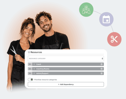 two barbershop employees next to a resource prioritisation screen