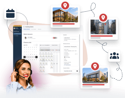 a call centre agent, the timify booking centre interface and several offices connected