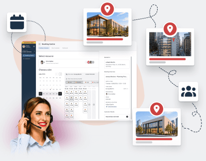 a call centre agent, the timify booking centre interface and several offices connected