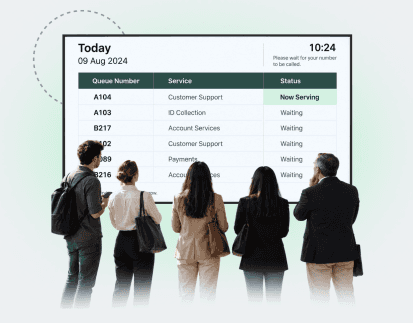 5 poeple standing infront of a big screen that displays a virtual queue
