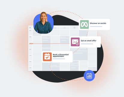 Woman viewing an online appointment calendar with marketing touchpoints such as social media discovery, email offers, and discounted booking options.