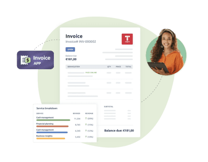 an invoice with a timify red logo on the top, the invoice app logo and a woman on the top right corner