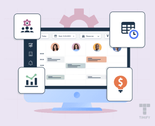 a graphic representation of a timify calendar with icons around representing statistic data, income, team