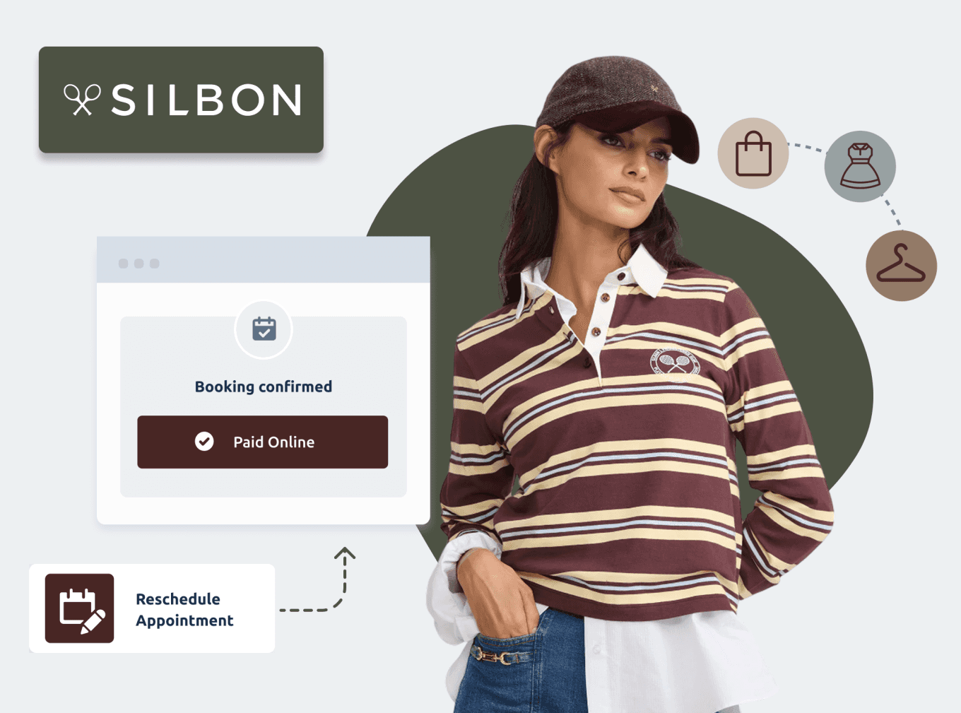 a woman, a silbon logo and a booking widget