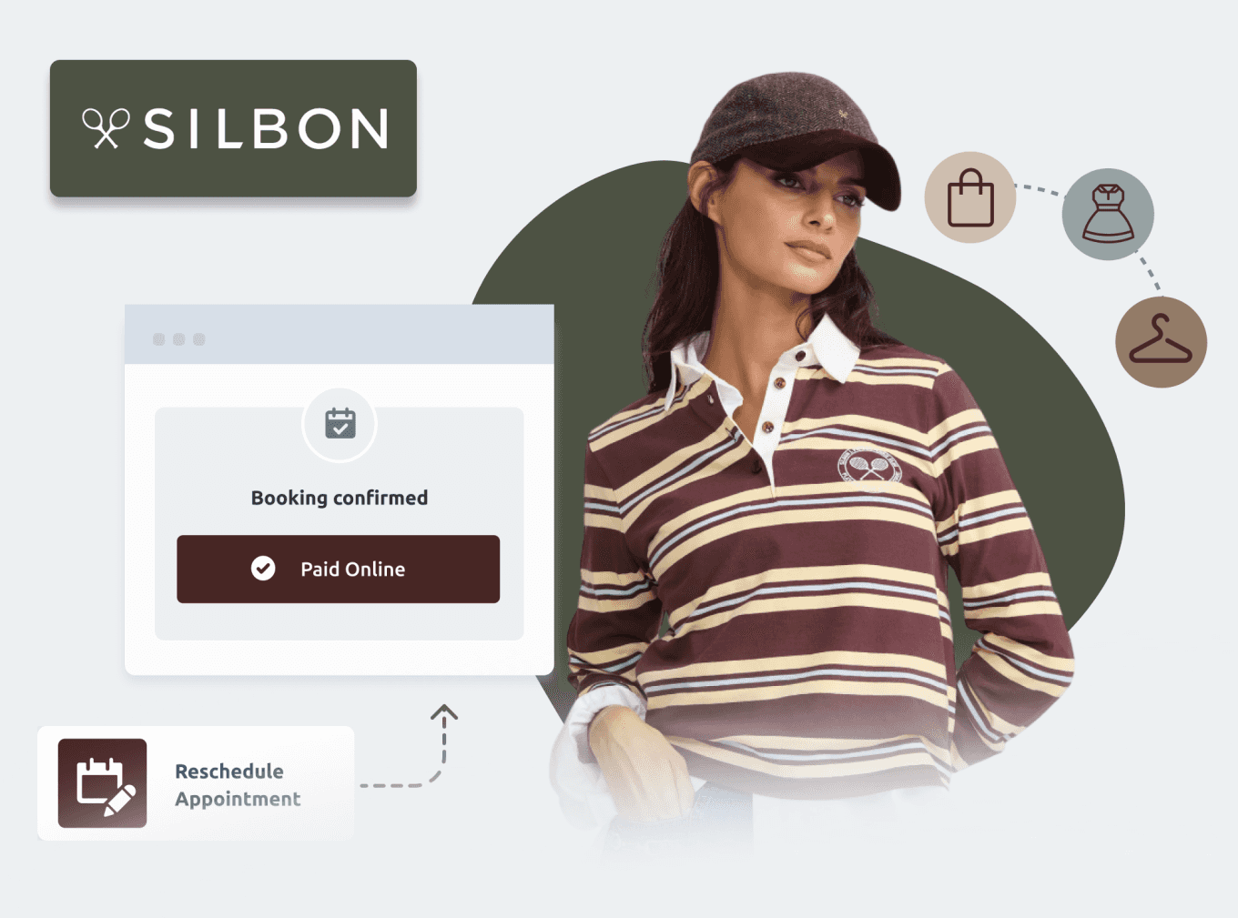 a woman, a silbon logo and a booking widget